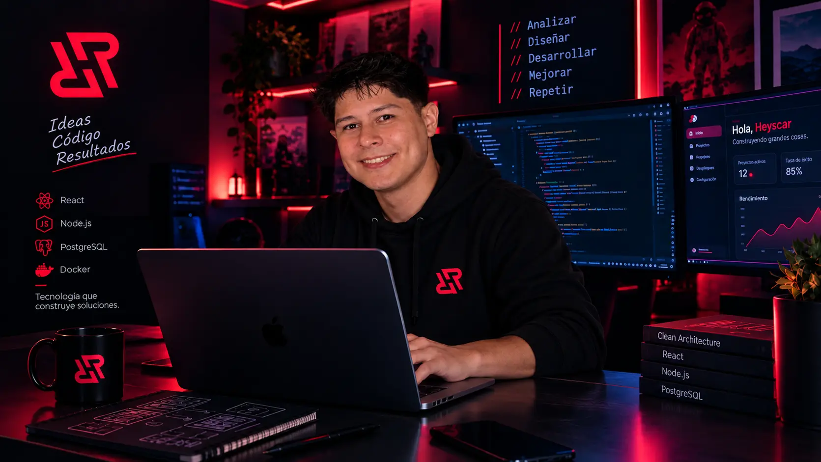 Heyscar Romero sonriendo frente a su laptop en su escritorio